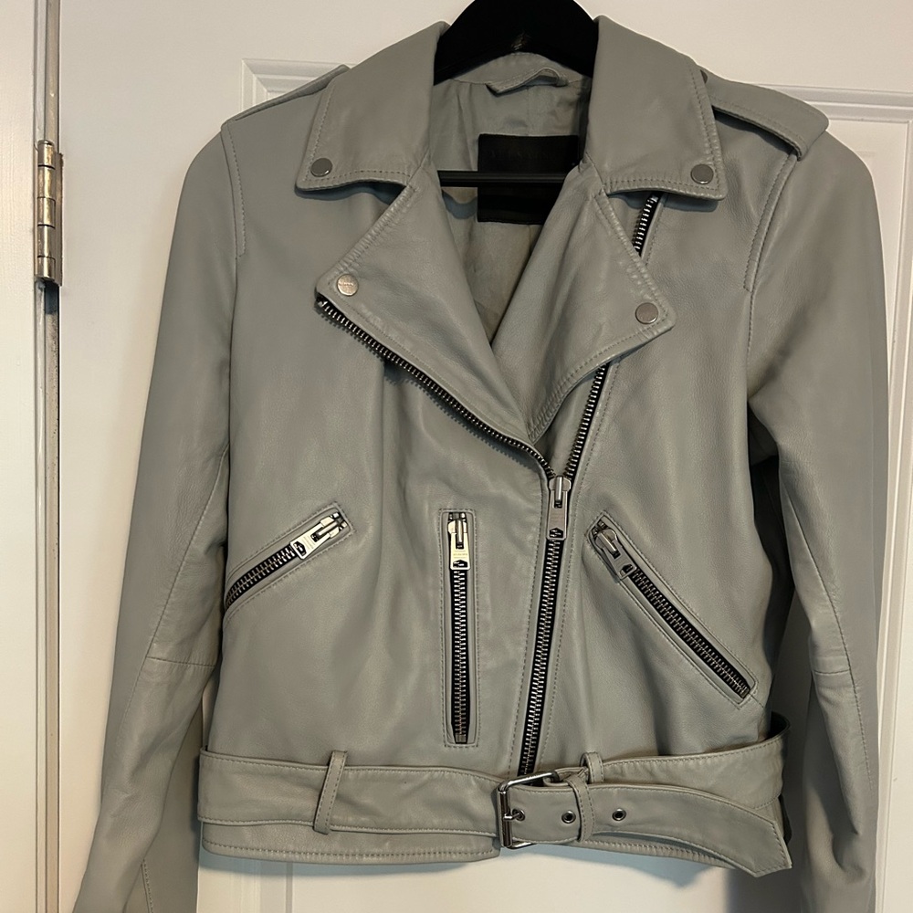 All Saints gray leather moto jacket. NEW with tags
